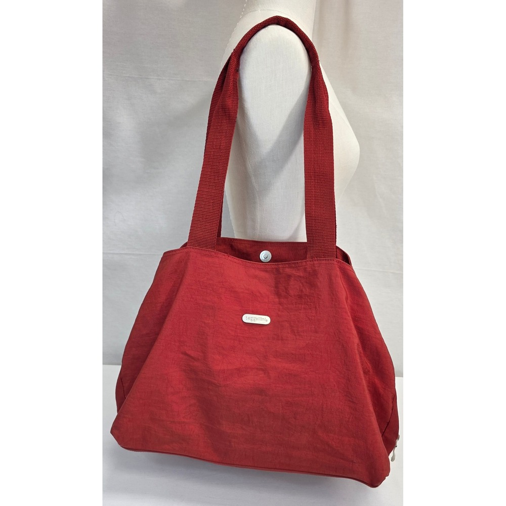 Baggallini Red Crinkle Nylon Triple Compartment Tote Bag Orange Lining Organizer